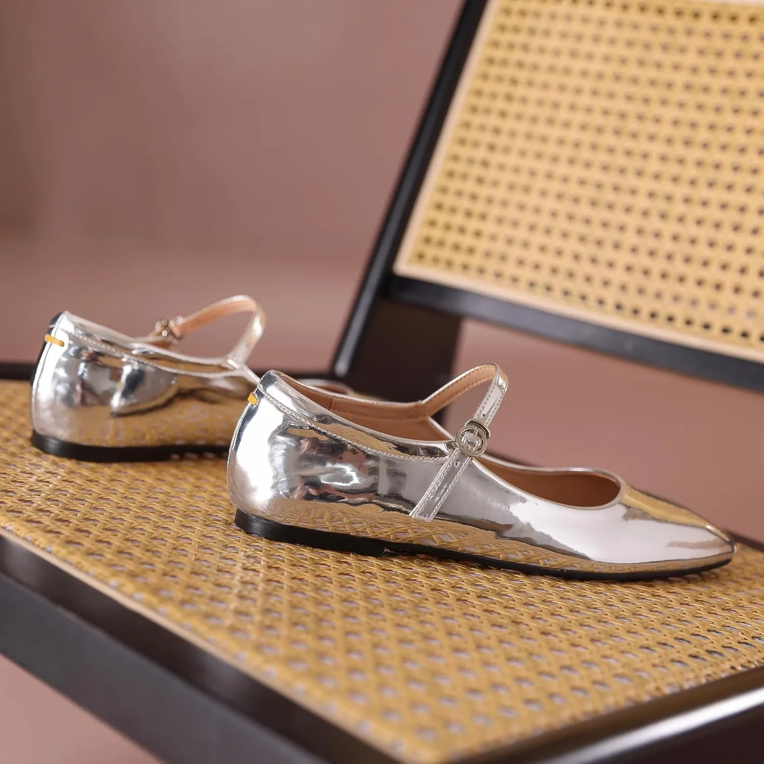 Black,Silver Ballet Flats for Women - Soft and Comfortable Mary Jane Shoes with Ankle Buckles for Work, Party, and Everyday Outfits