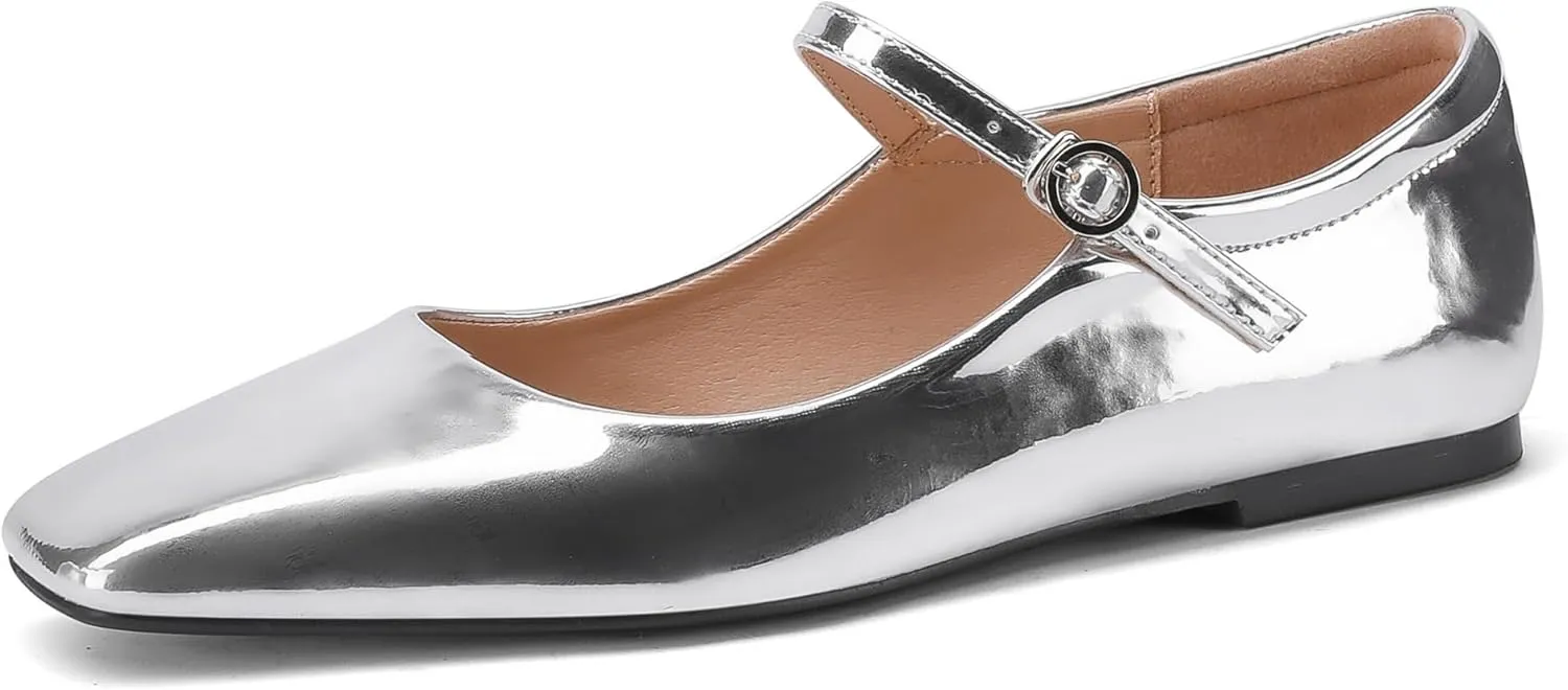 Black,Silver Ballet Flats for Women - Soft and Comfortable Mary Jane Shoes with Ankle Buckles for Work, Party, and Everyday Outfits