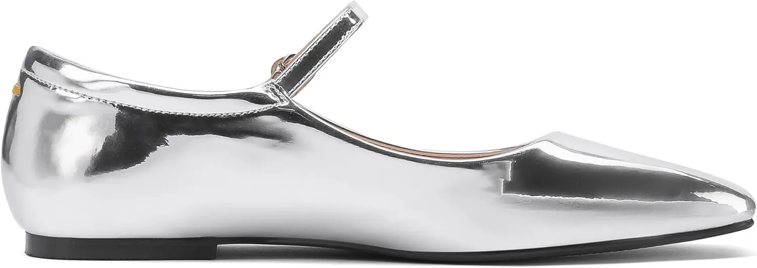 Black,Silver Ballet Flats for Women - Soft and Comfortable Mary Jane Shoes with Ankle Buckles for Work, Party, and Everyday Outfits