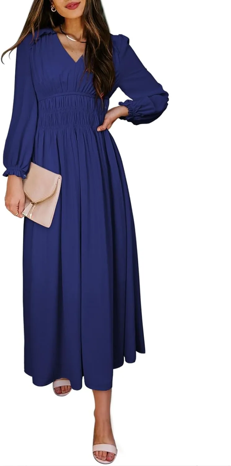 BLENCOT Womens Casual Boho Deep V Neck Short Sleeve Long Dress