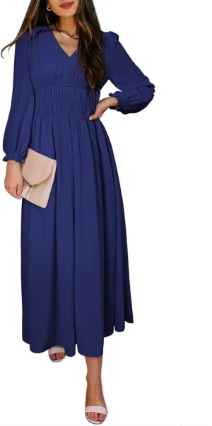 BLENCOT Womens Casual Boho Deep V Neck Short Sleeve Long Dress