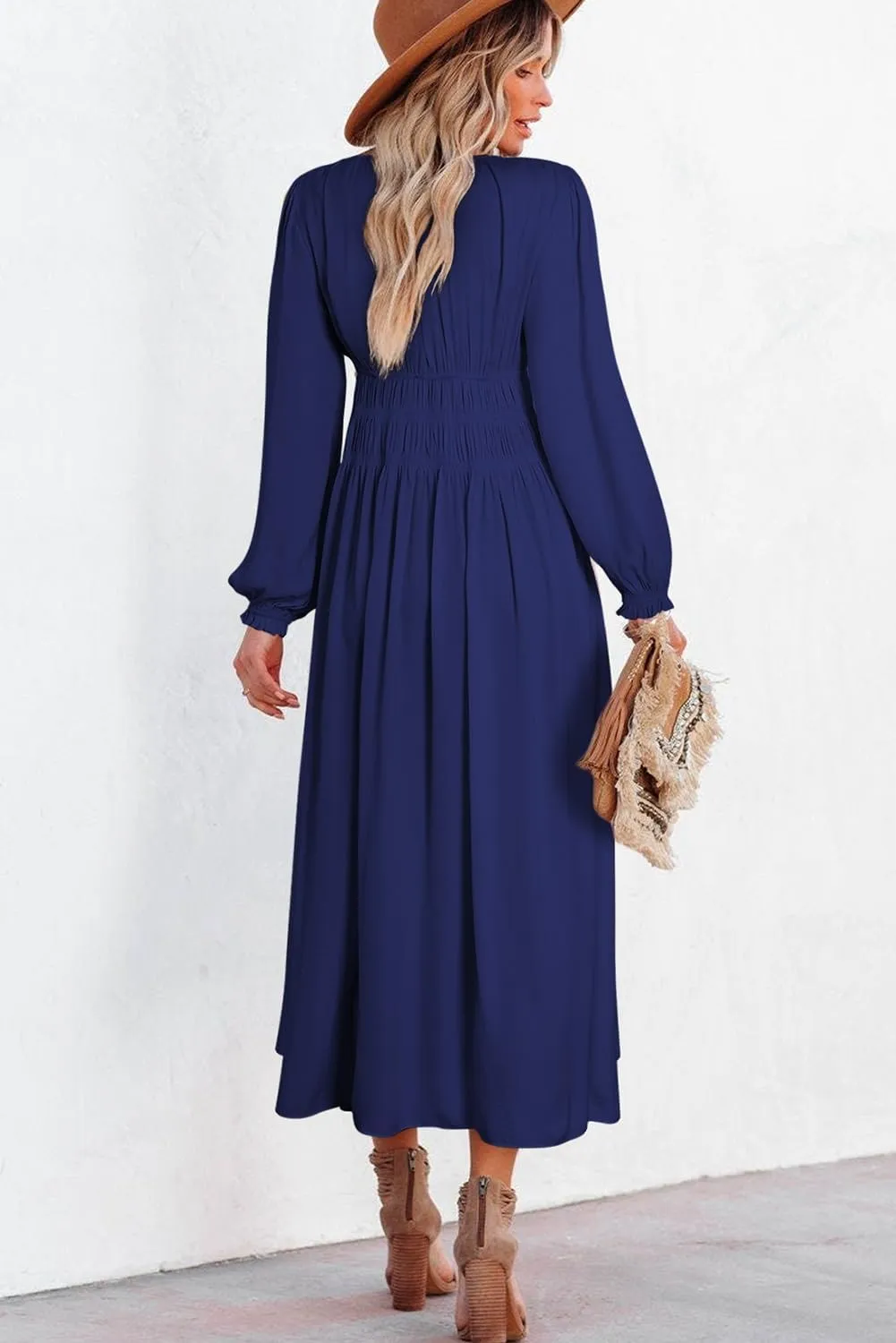 BLENCOT Womens Casual Boho Deep V Neck Short Sleeve Long Dress