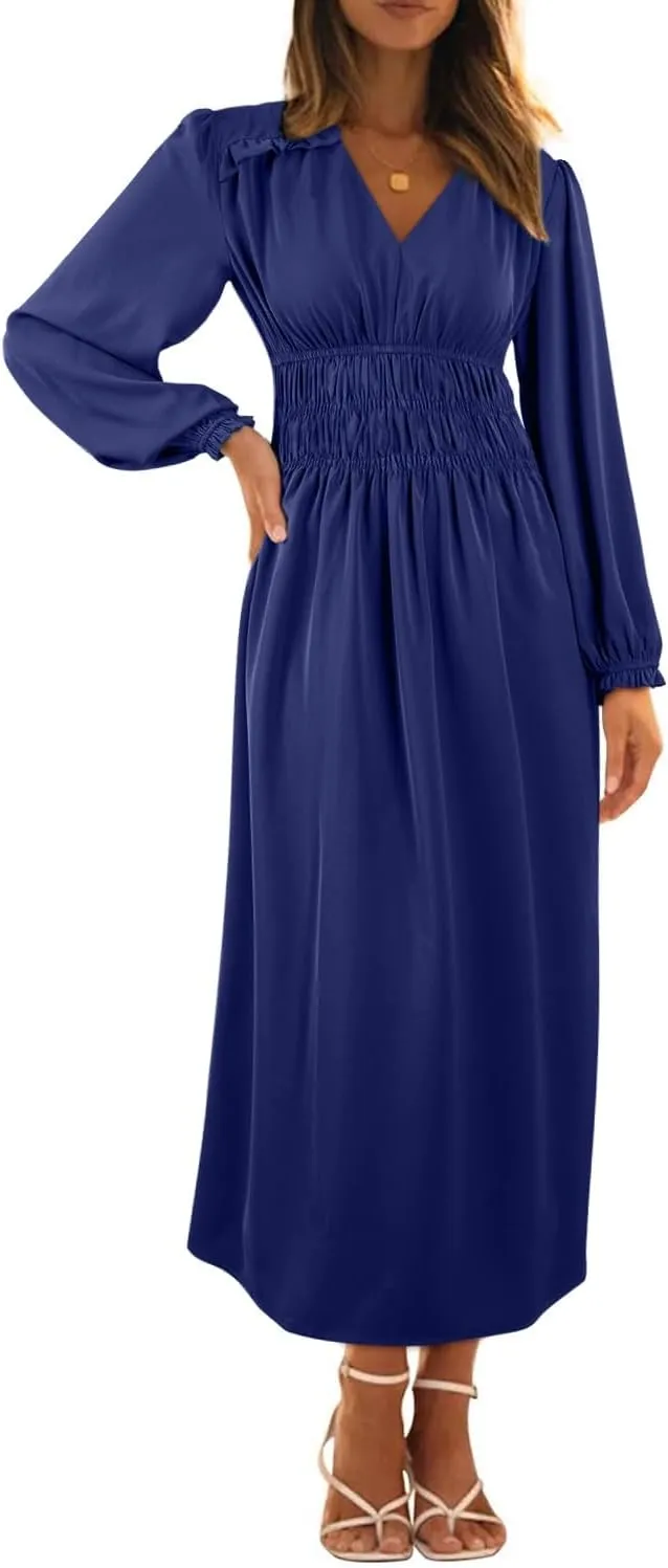 BLENCOT Womens Casual Boho Deep V Neck Short Sleeve Long Dress
