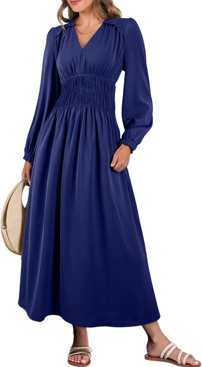 BLENCOT Womens Casual Boho Deep V Neck Short Sleeve Long Dress