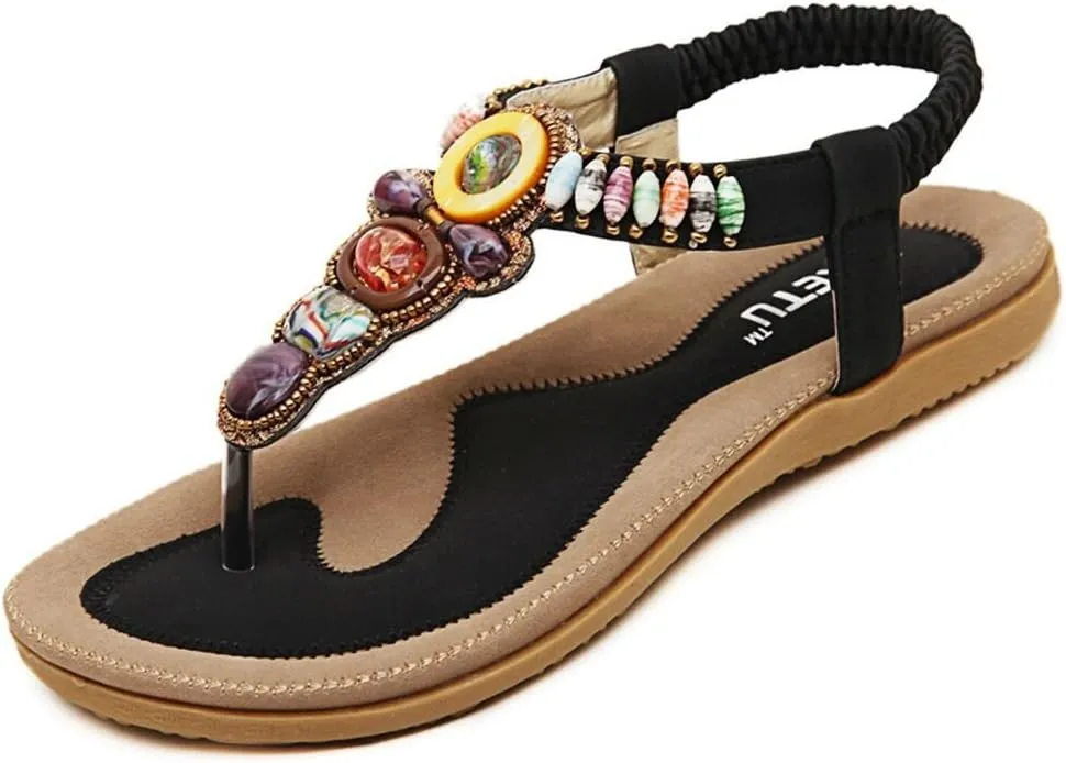 Bohemian Women's Beaded Sling Sandals Rhinestone Yoga Slingback Gladiator Beach Wedding Shoes Flip-Flop