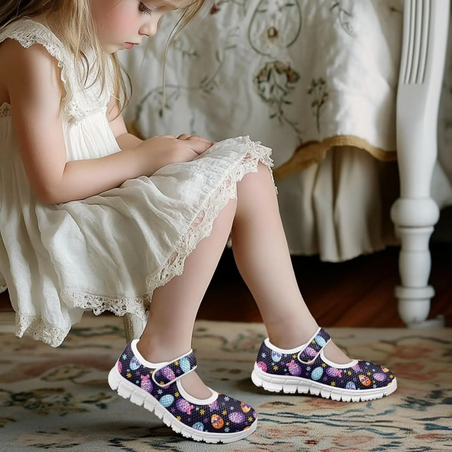 Bunny Print Girls Mary Jane Shoes Toddler Dress Shoes for Holiday Party Flats Low Top Non Slip Kids Mesh Shoes