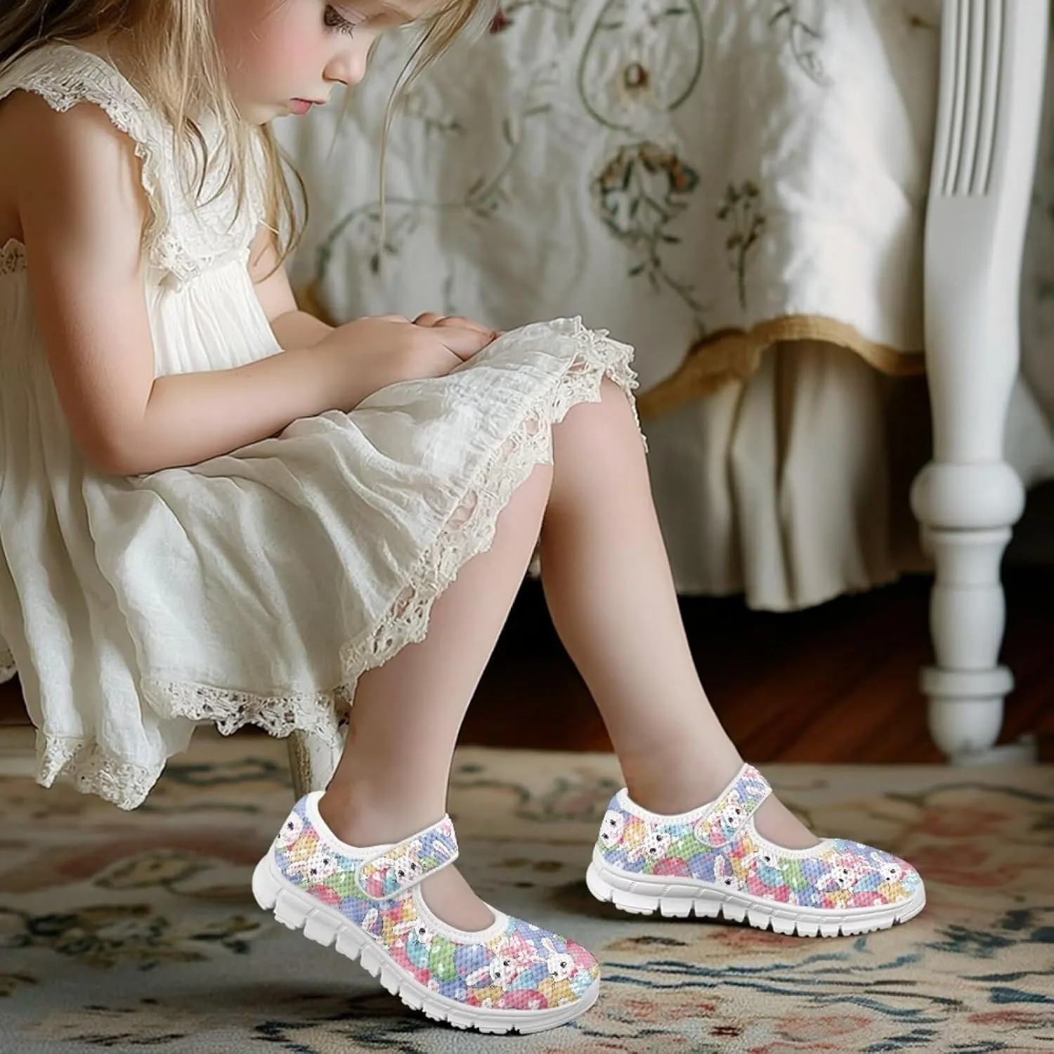 Bunny Print Girls Mary Jane Shoes Toddler Dress Shoes for Holiday Party Flats Low Top Non Slip Kids Mesh Shoes