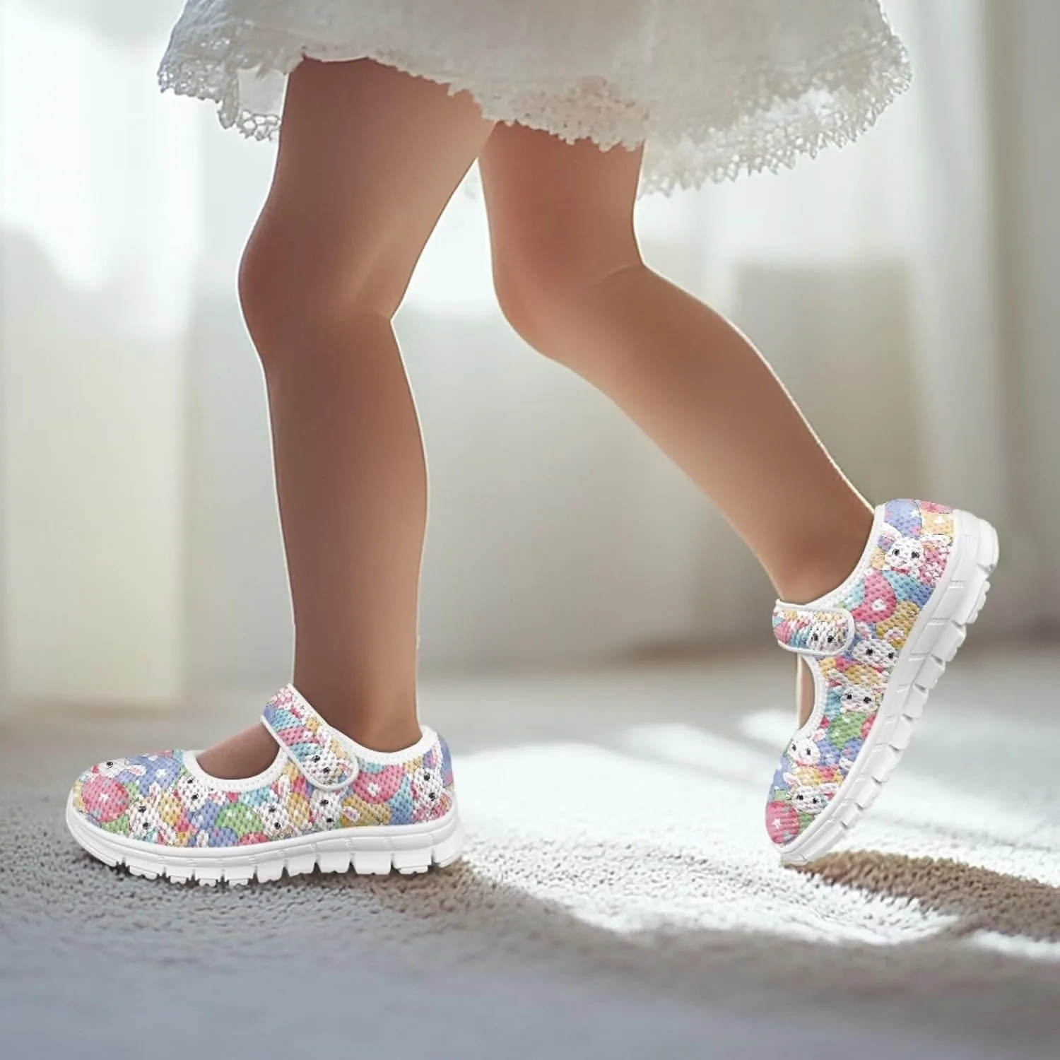 Bunny Print Girls Mary Jane Shoes Toddler Dress Shoes for Holiday Party Flats Low Top Non Slip Kids Mesh Shoes