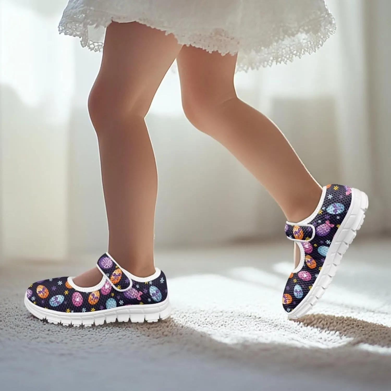Bunny Print Girls Mary Jane Shoes Toddler Dress Shoes for Holiday Party Flats Low Top Non Slip Kids Mesh Shoes