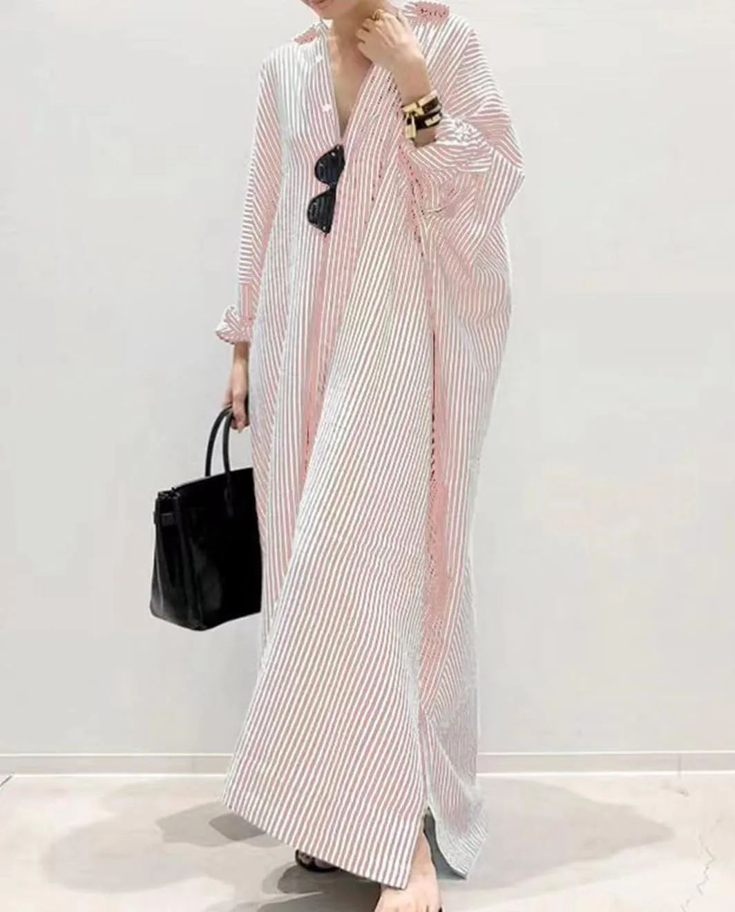 Button Down Shirt Dress for Womens Cotton Linen Long Sleeve Maxi Dress Striped Casual Loose Fit Dress with Pockets