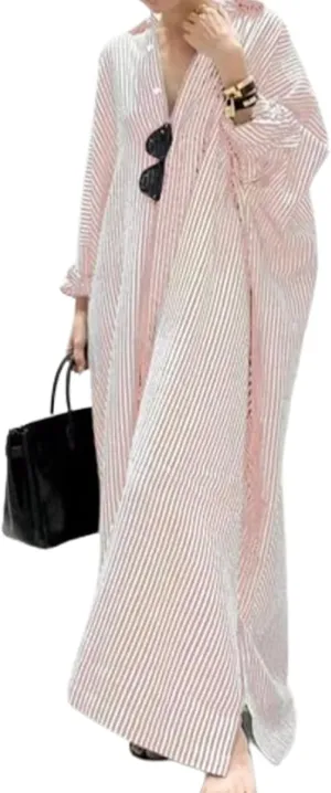 Button Down Shirt Dress for Womens Cotton Linen Long Sleeve Maxi Dress Striped Casual Loose Fit Dress with Pockets