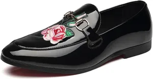 ByErz Mens Dress Loafers Slip on Shoes Wedding Party Prom Shoes with Chinese Floral Peony Embroidered Flower