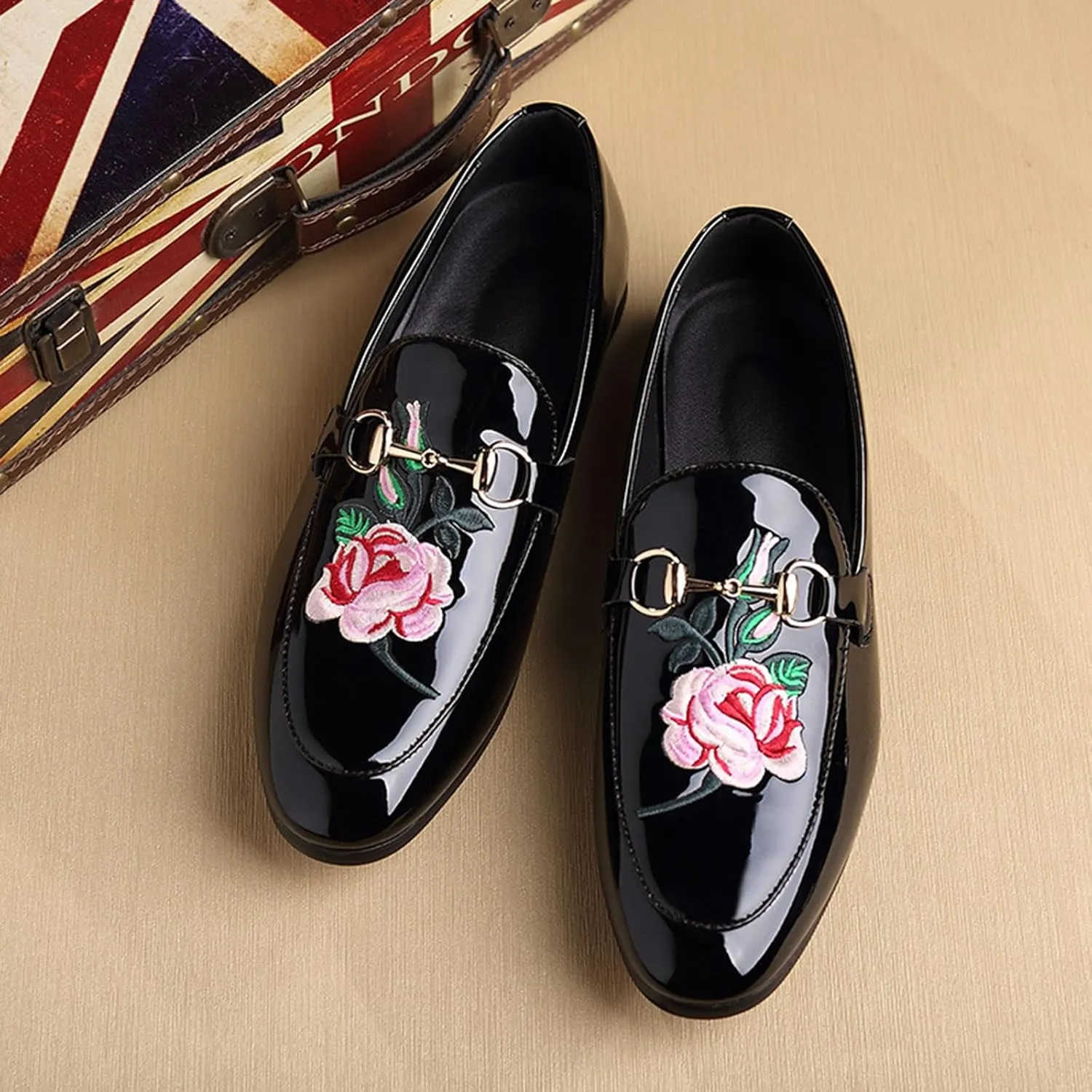 ByErz Mens Dress Loafers Slip on Shoes Wedding Party Prom Shoes with Chinese Floral Peony Embroidered Flower
