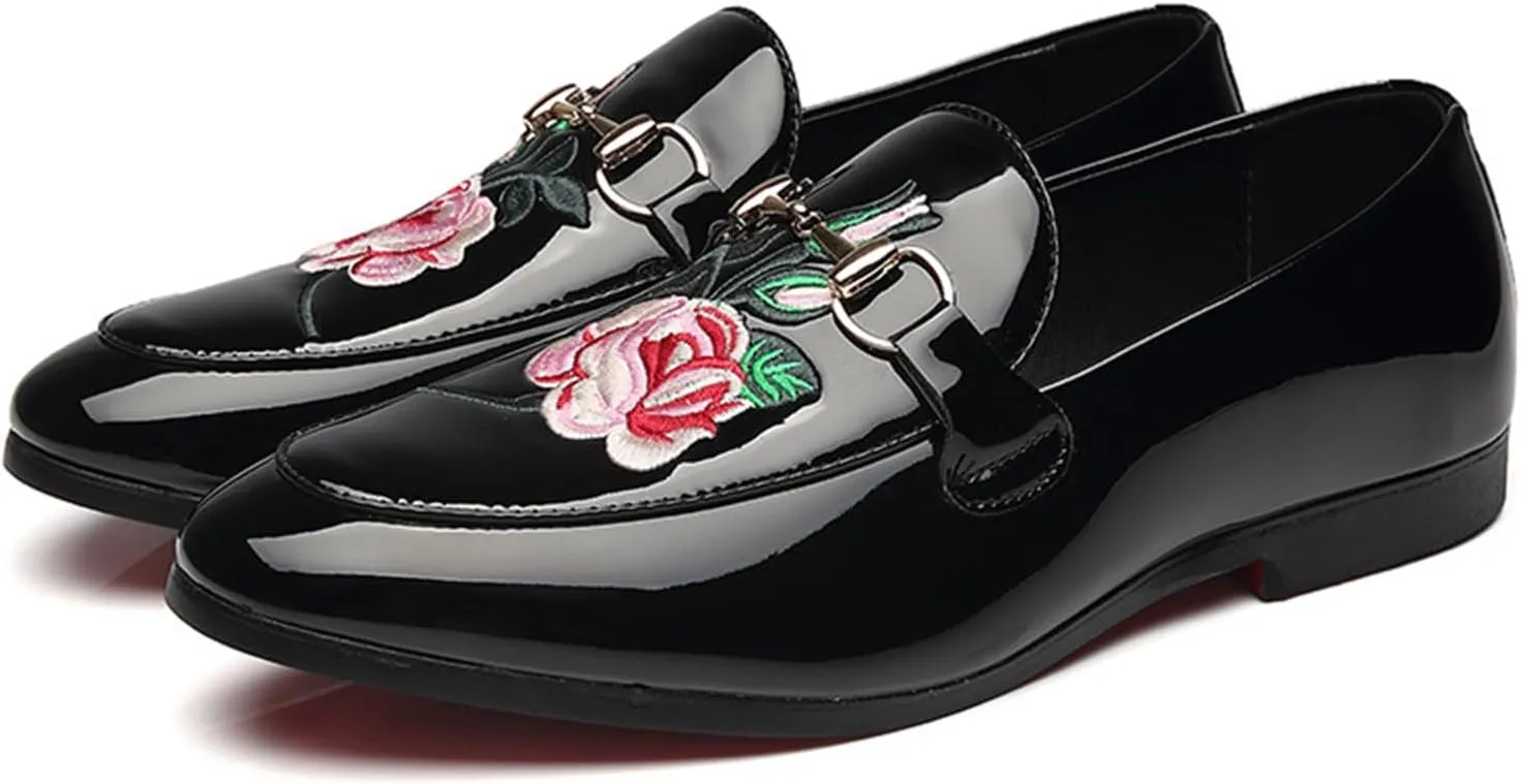 ByErz Mens Dress Loafers Slip on Shoes Wedding Party Prom Shoes with Chinese Floral Peony Embroidered Flower