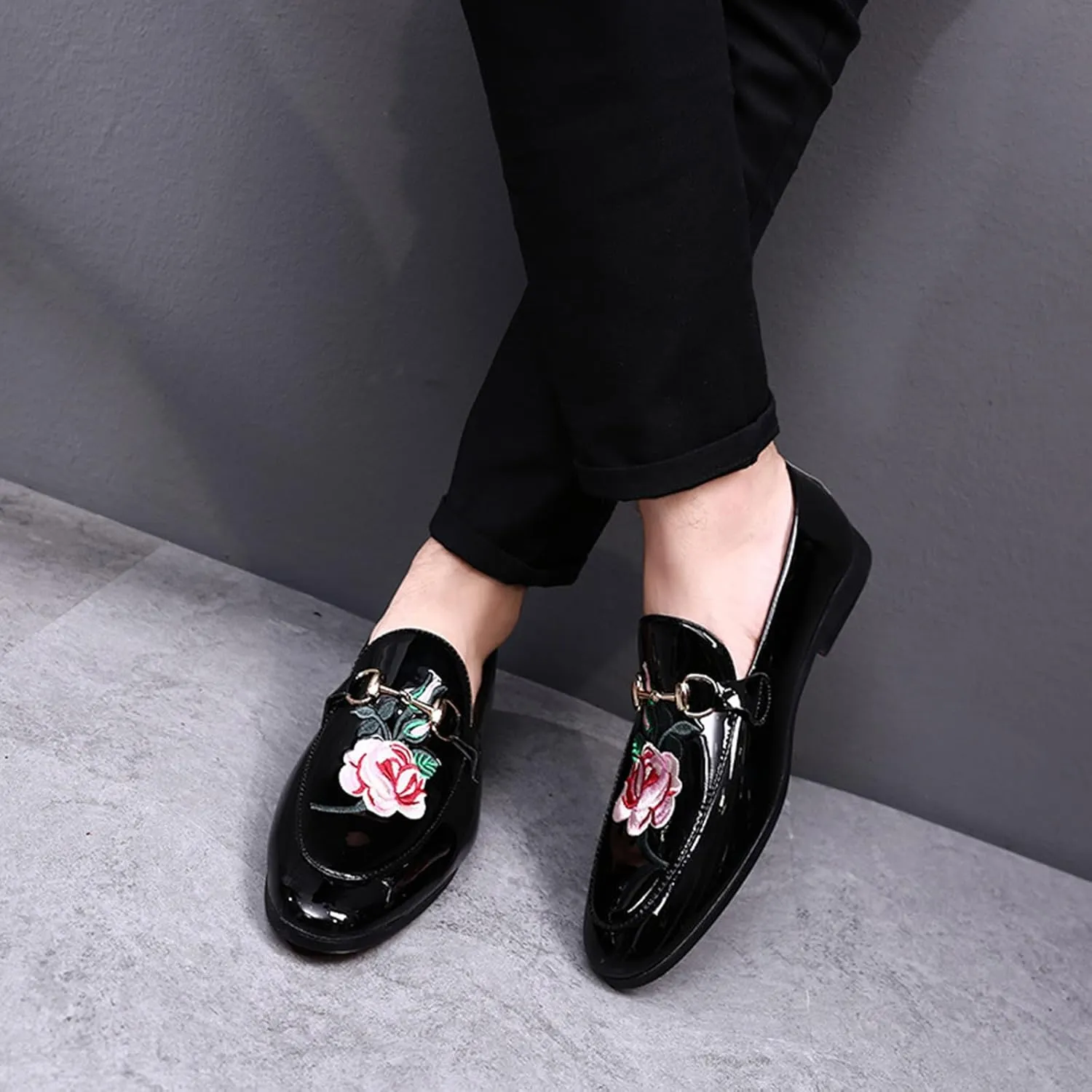 ByErz Mens Dress Loafers Slip on Shoes Wedding Party Prom Shoes with Chinese Floral Peony Embroidered Flower