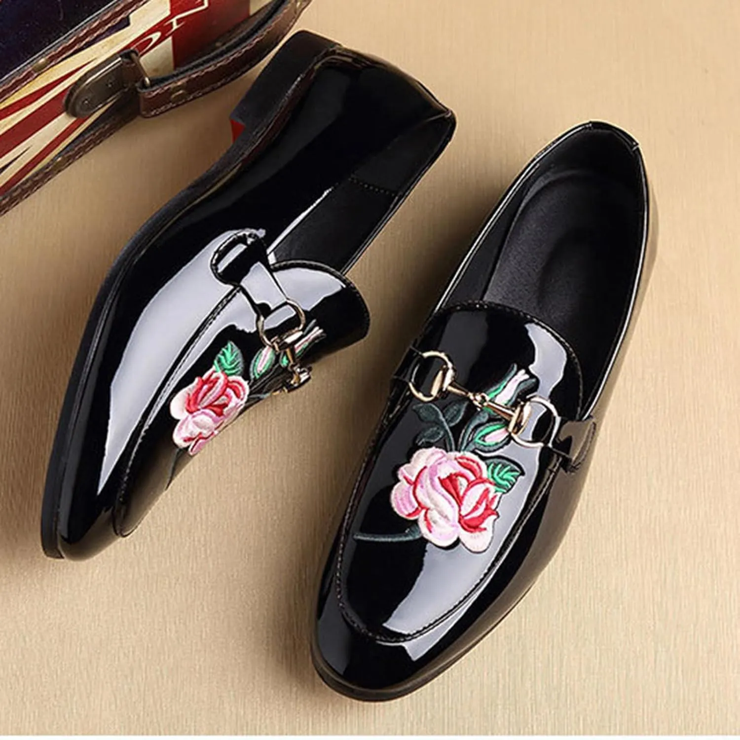 ByErz Mens Dress Loafers Slip on Shoes Wedding Party Prom Shoes with Chinese Floral Peony Embroidered Flower
