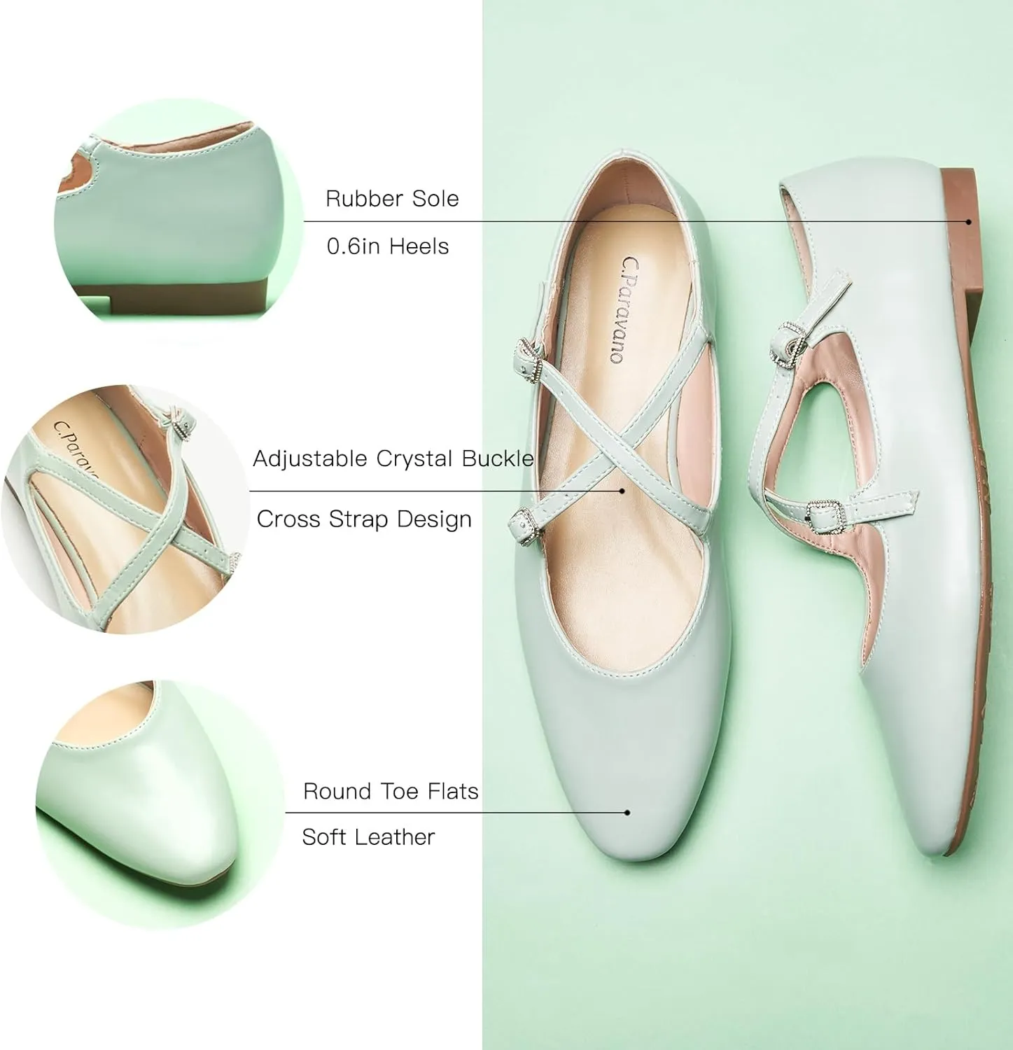 C. Paravano Women's Mary Jane Ballet Flats - Adjustable Buckle Strap,Soft Leather Almond Toe Flats for Work,Casual, Daily Wear, Wedding, Church, Office, and Travel and Driving-Stylish Women's Shoes