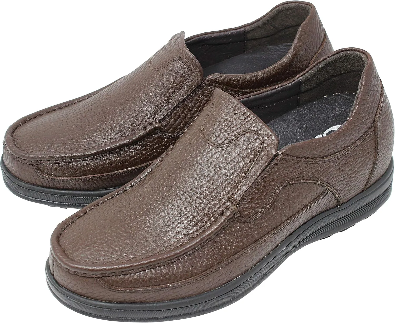 CALTO Men's Invisible Height Increasing Elevator Shoes - Brown Premium Leather Slip-on Lightweight Casual Loafers - 3 Inches Taller - G1827 - Size 6.5 D(M) US
