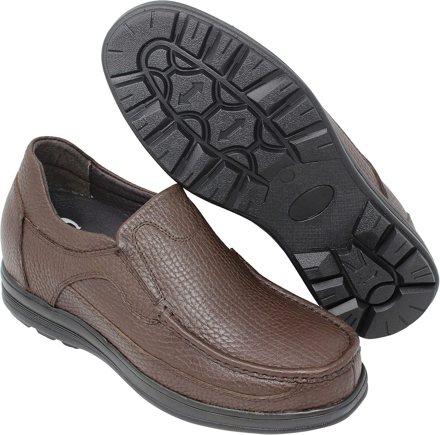 CALTO Men's Invisible Height Increasing Elevator Shoes - Brown Premium Leather Slip-on Lightweight Casual Loafers - 3 Inches Taller - G1827 - Size 6.5 D(M) US