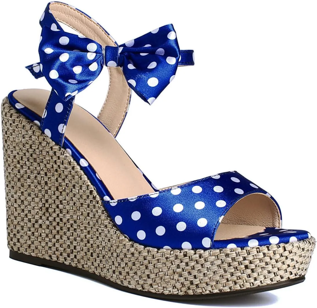 Caradise Womens Polka Dot Wedge Bow Platform Sandals Peep Toe Ankle Strap Heels