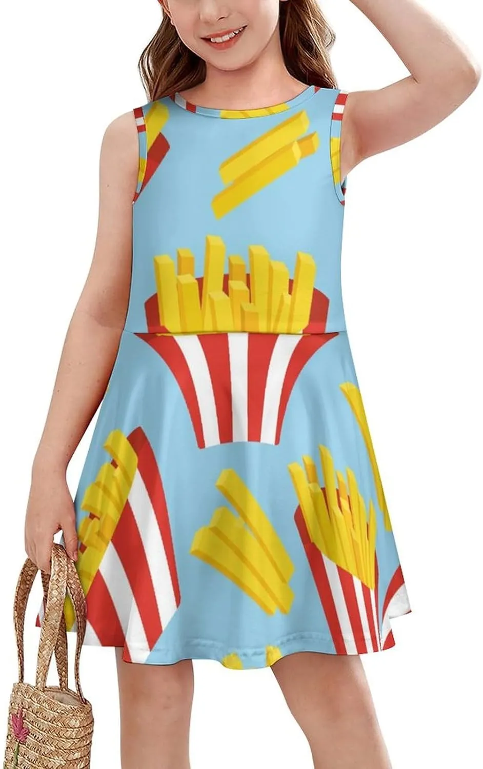 Cartoon French FriesGirls Summer Casual Sleeveless Dress