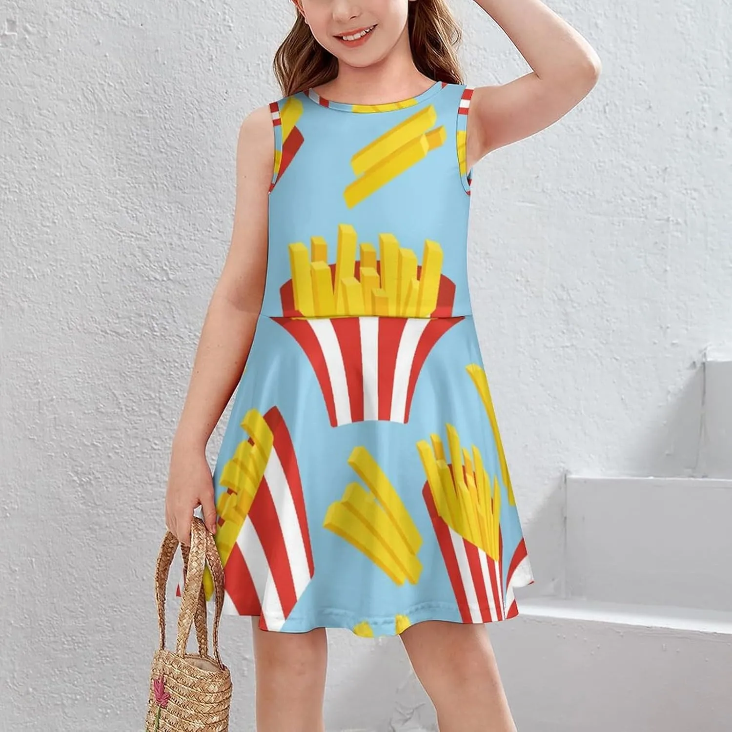 Cartoon French FriesGirls Summer Casual Sleeveless Dress