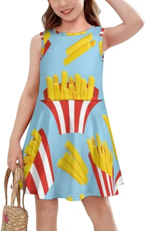 Cartoon French FriesGirls Summer Casual Sleeveless Dress