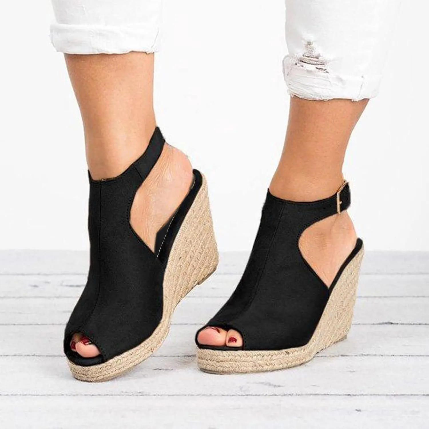 Casual Dressy Wedge Sandals for Women Spring Straw 2024 Solid Wedding Summer Peep Toe Trendy Gladiator Ladies Buckle
