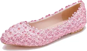 ChaiRong Zhou Women Beautiful Lace Ballet Flats with Pearl Flower Slip on Lightweight Breathable Flats Comfortable Pointed Toe Casual Dress Party Shoes