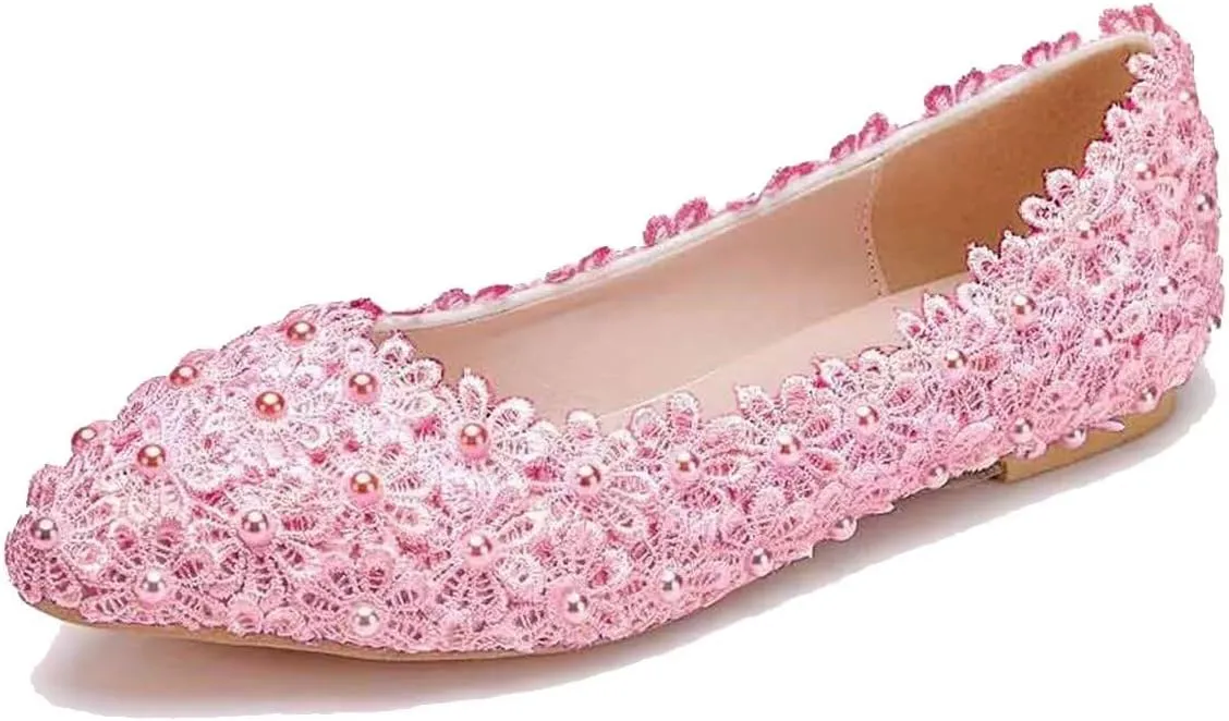 ChaiRong Zhou Women Beautiful Lace Ballet Flats with Pearl Flower Slip on Lightweight Breathable Flats Comfortable Pointed Toe Casual Dress Party Shoes