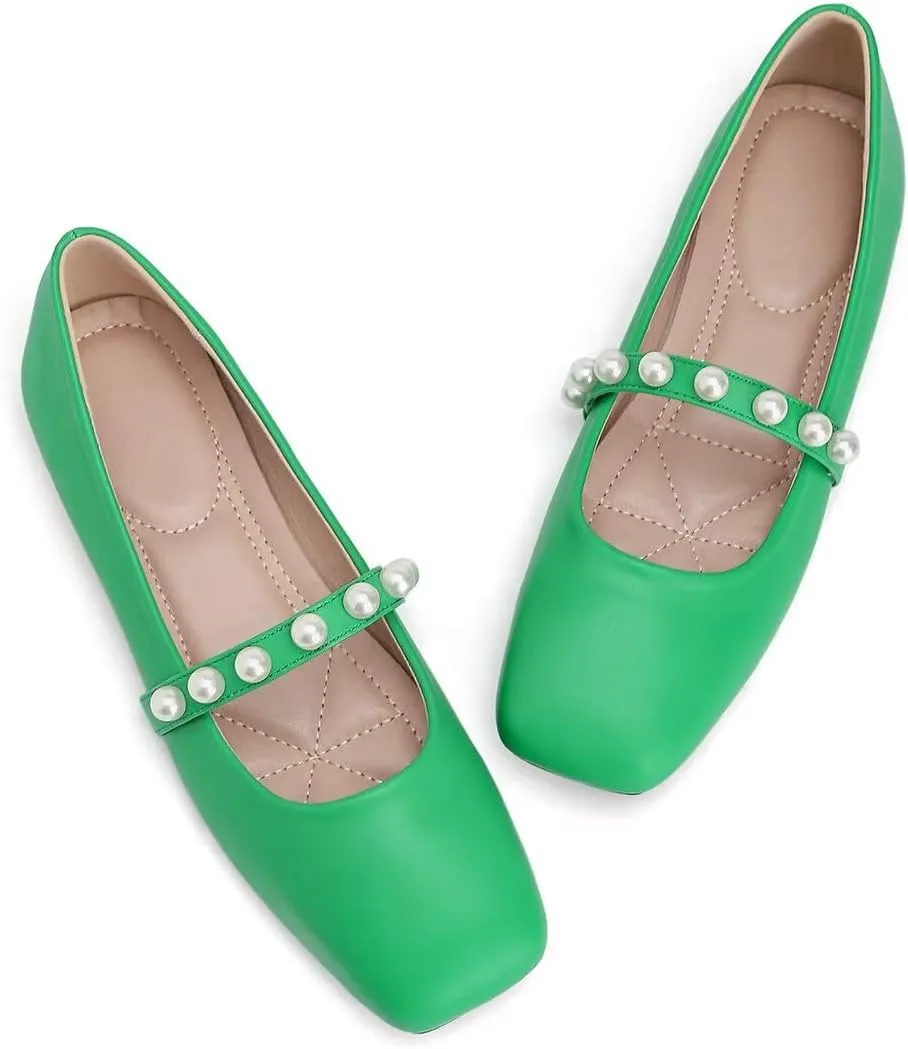 ChaiRong Zhou Women Fashion Mary Jane Flats Square Toe Pu Leather Shoes Pearl Straps Slip on Low Heel Ballet Flats Casual Prom Party Dress Shoes