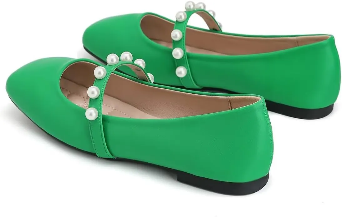 ChaiRong Zhou Women Fashion Mary Jane Flats Square Toe Pu Leather Shoes Pearl Straps Slip on Low Heel Ballet Flats Casual Prom Party Dress Shoes