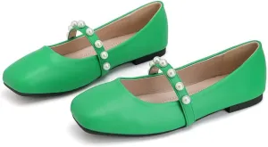 ChaiRong Zhou Women Fashion Mary Jane Flats Square Toe Pu Leather Shoes Pearl Straps Slip on Low Heel Ballet Flats Casual Prom Party Dress Shoes