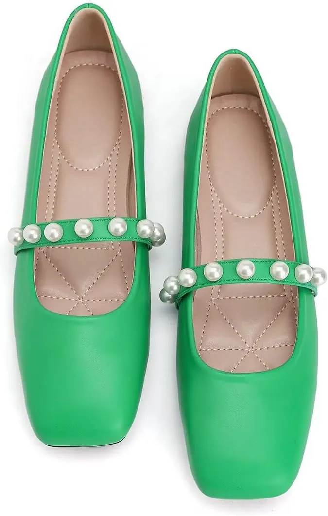 ChaiRong Zhou Women Fashion Mary Jane Flats Square Toe Pu Leather Shoes Pearl Straps Slip on Low Heel Ballet Flats Casual Prom Party Dress Shoes