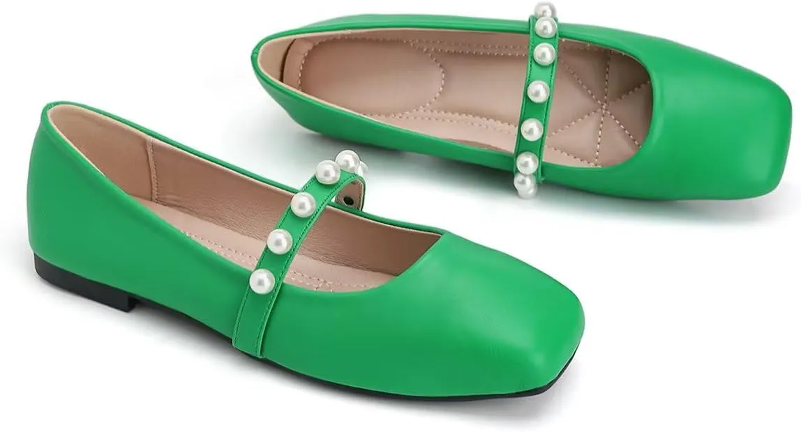 ChaiRong Zhou Women Fashion Mary Jane Flats Square Toe Pu Leather Shoes Pearl Straps Slip on Low Heel Ballet Flats Casual Prom Party Dress Shoes