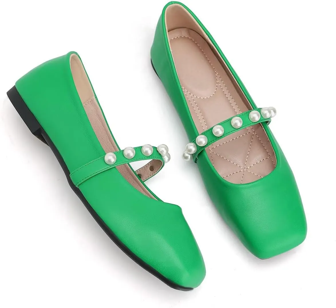 ChaiRong Zhou Women Fashion Mary Jane Flats Square Toe Pu Leather Shoes Pearl Straps Slip on Low Heel Ballet Flats Casual Prom Party Dress Shoes