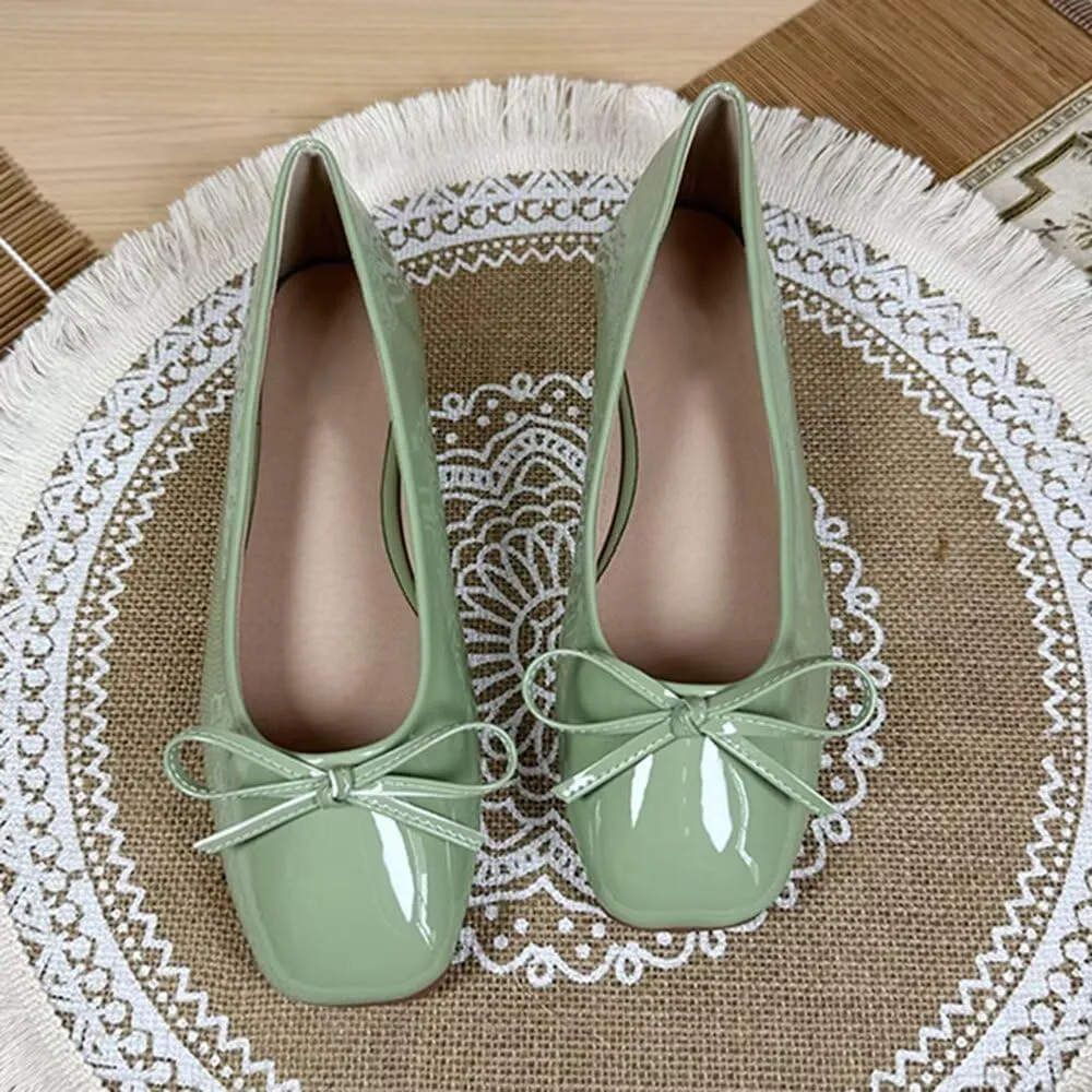 ChaiRong Zhou Women Lightweight Bow Patent Leather Flats Square Toe Slip on Low Heel Ballet Dress Party Office Shoes