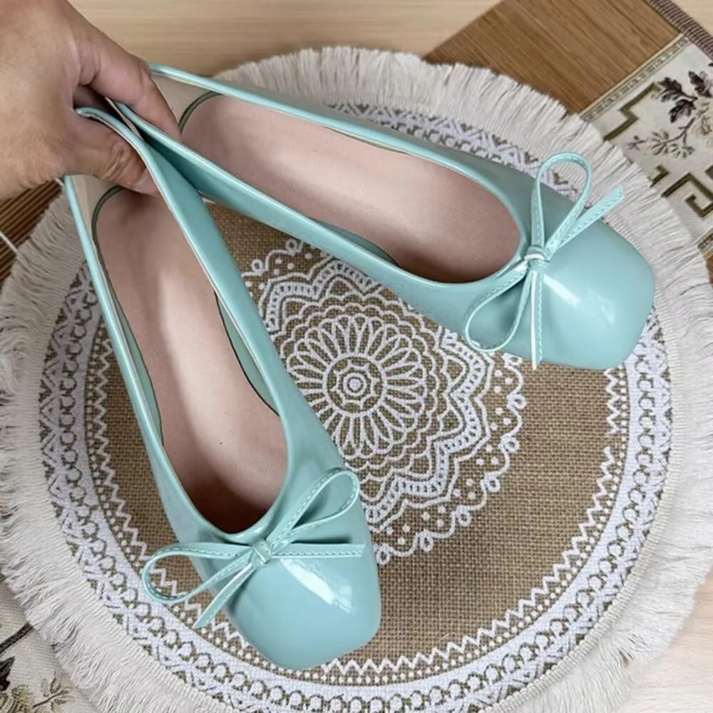 ChaiRong Zhou Women Lightweight Bow Patent Leather Flats Square Toe Slip on Low Heel Ballet Dress Party Office Shoes