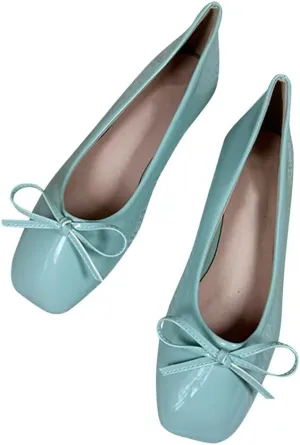 ChaiRong Zhou Women Lightweight Bow Patent Leather Flats Square Toe Slip on Low Heel Ballet Dress Party Office Shoes