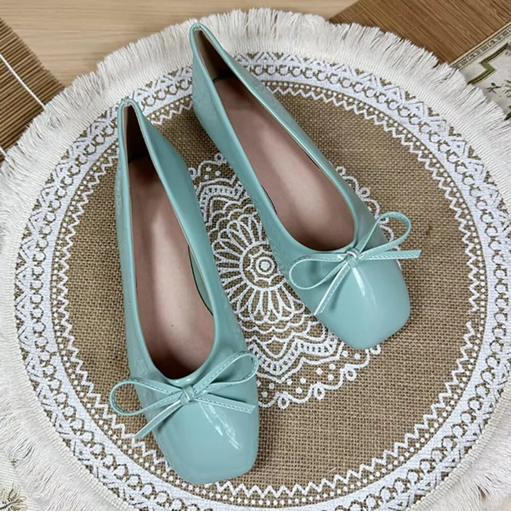 ChaiRong Zhou Women Lightweight Bow Patent Leather Flats Square Toe Slip on Low Heel Ballet Dress Party Office Shoes