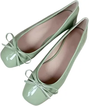ChaiRong Zhou Women Lightweight Bow Patent Leather Flats Square Toe Slip on Low Heel Ballet Dress Party Office Shoes