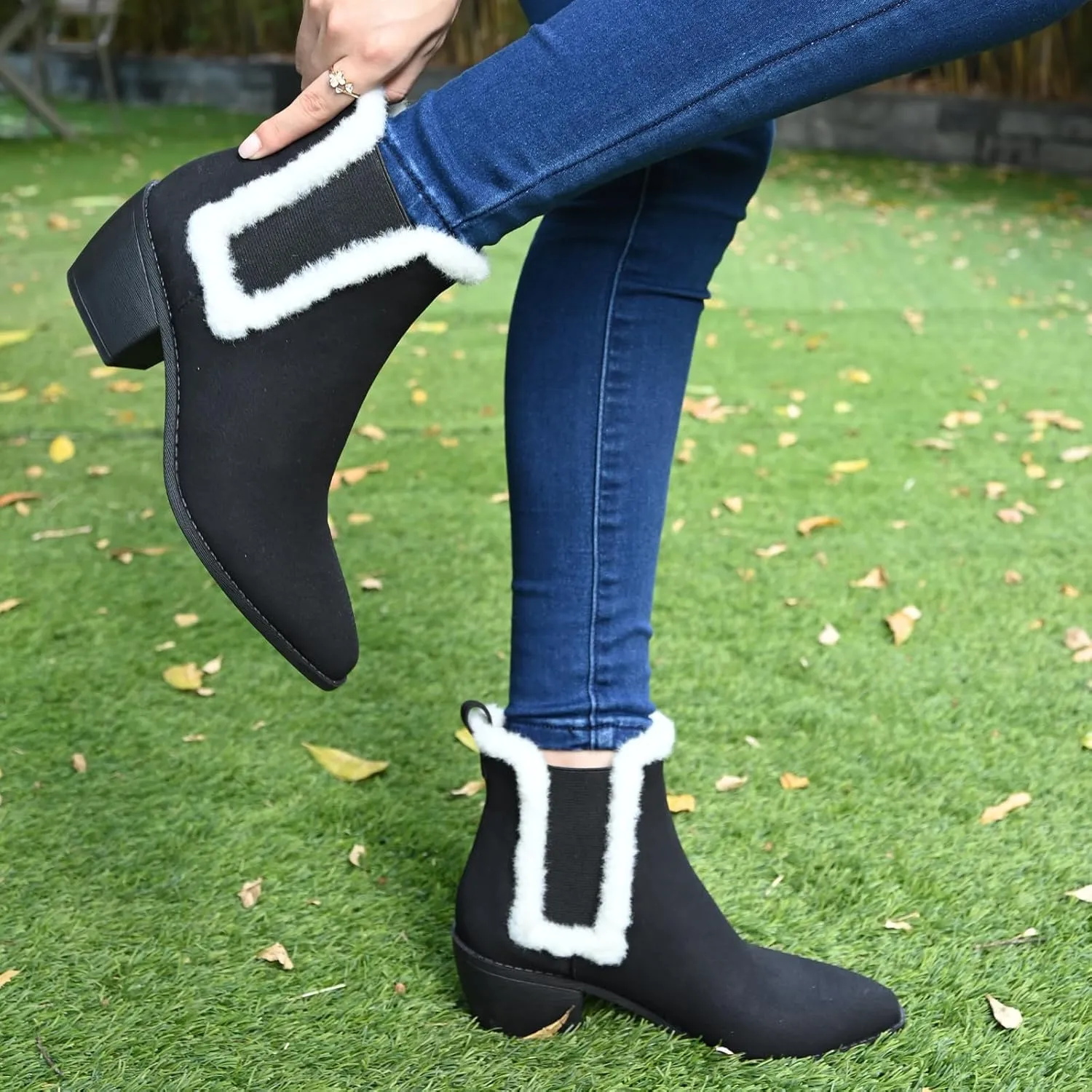 Chelsea Boots for Women Sided Elastic Furry Ankle Booties Almond Toe Cold Weather Winter Shoes