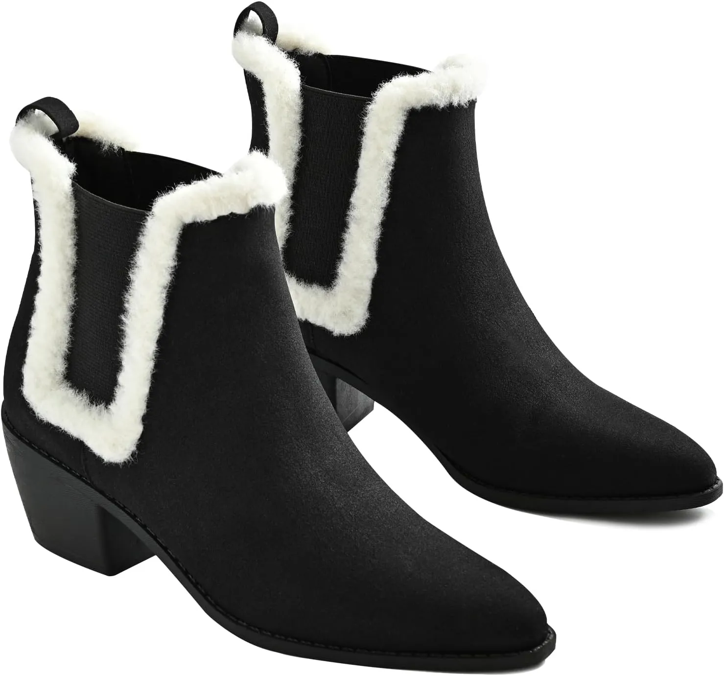 Chelsea Boots for Women Sided Elastic Furry Ankle Booties Almond Toe Cold Weather Winter Shoes