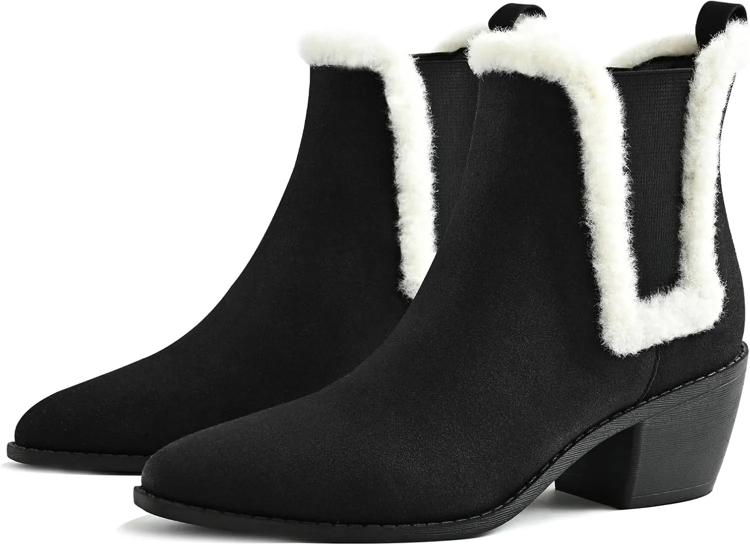 Chelsea Boots for Women Sided Elastic Furry Ankle Booties Almond Toe Cold Weather Winter Shoes