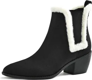 Chelsea Boots for Women Sided Elastic Furry Ankle Booties Almond Toe Cold Weather Winter Shoes