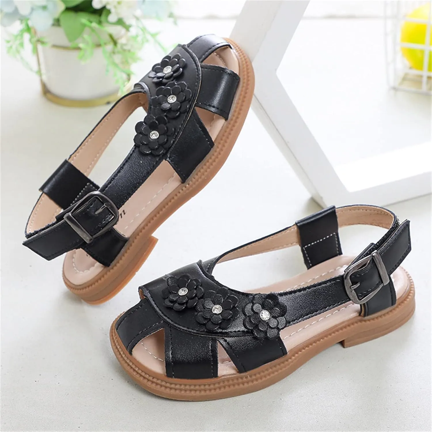 Children Shoes Flat Sandals Flower Hollow Beach Shoes Fashion Soft Sole Girls Boys Casual Sandals Tiny Feet Baby Shoes (Black, 2 Big Kids)