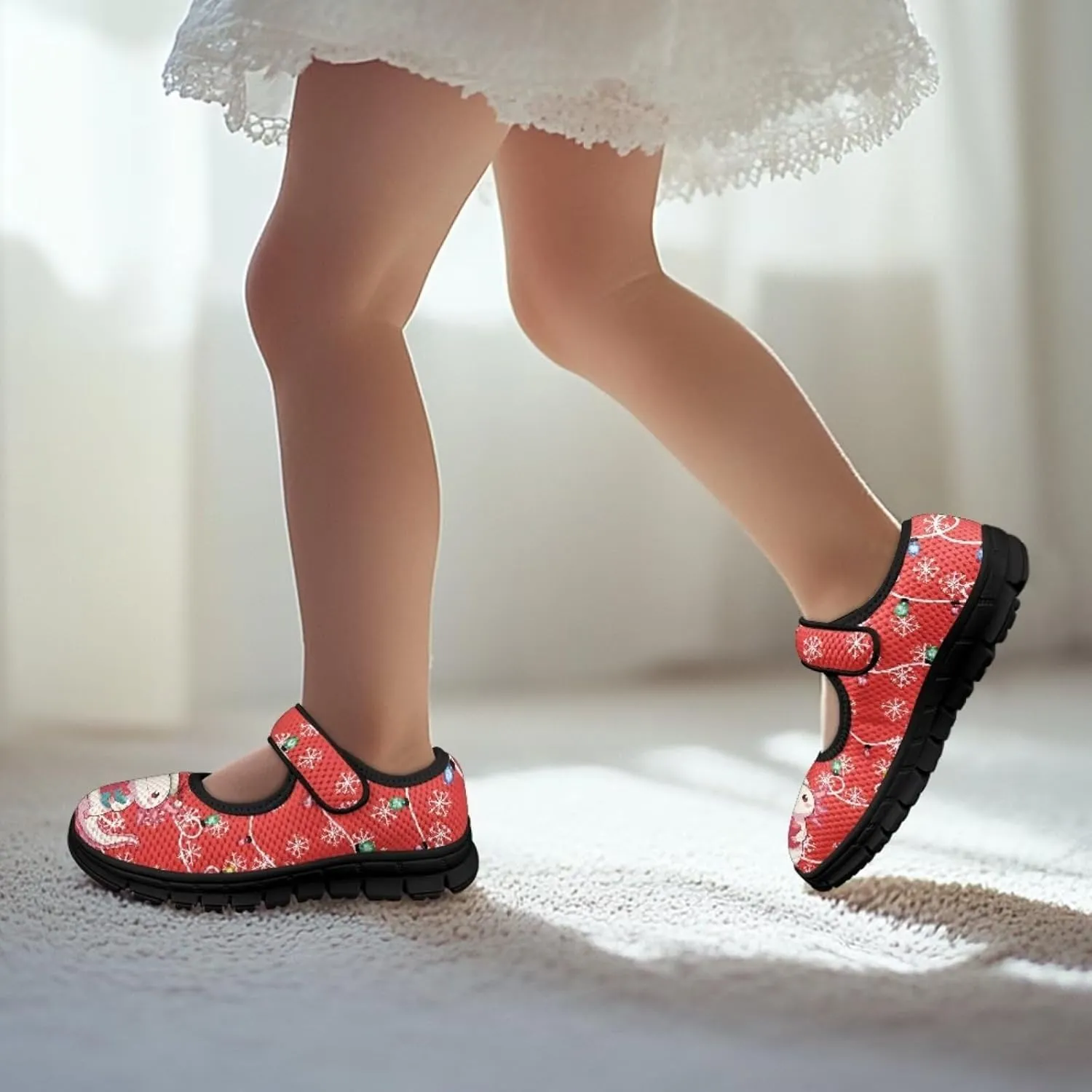 Christmas Print Girls Mary Jane Sneakers Dress Dance Shoes Athletic Walking Shoes for Outdoor Christmas Party,Activity,Wedding