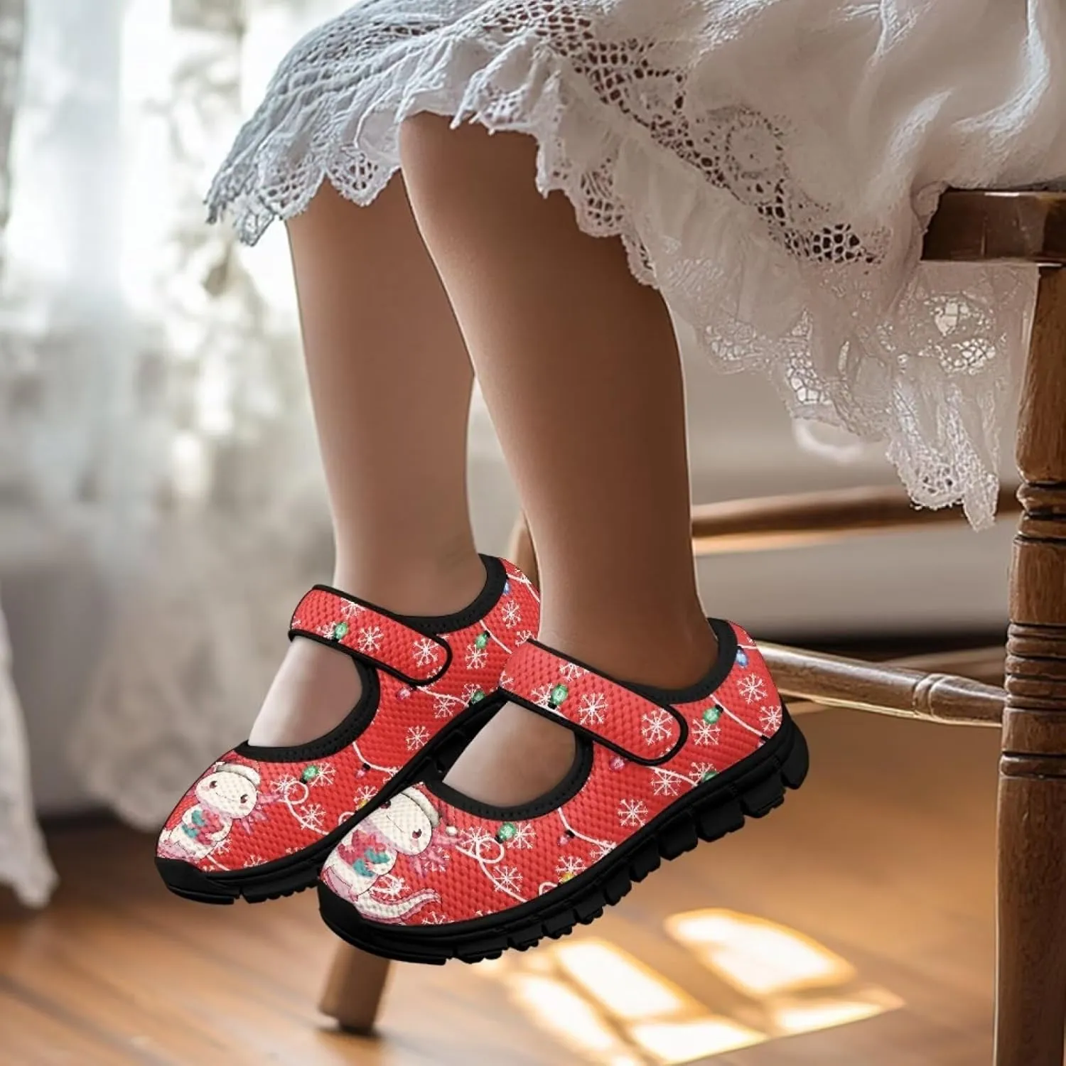 Christmas Print Girls Mary Jane Sneakers Dress Dance Shoes Athletic Walking Shoes for Outdoor Christmas Party,Activity,Wedding