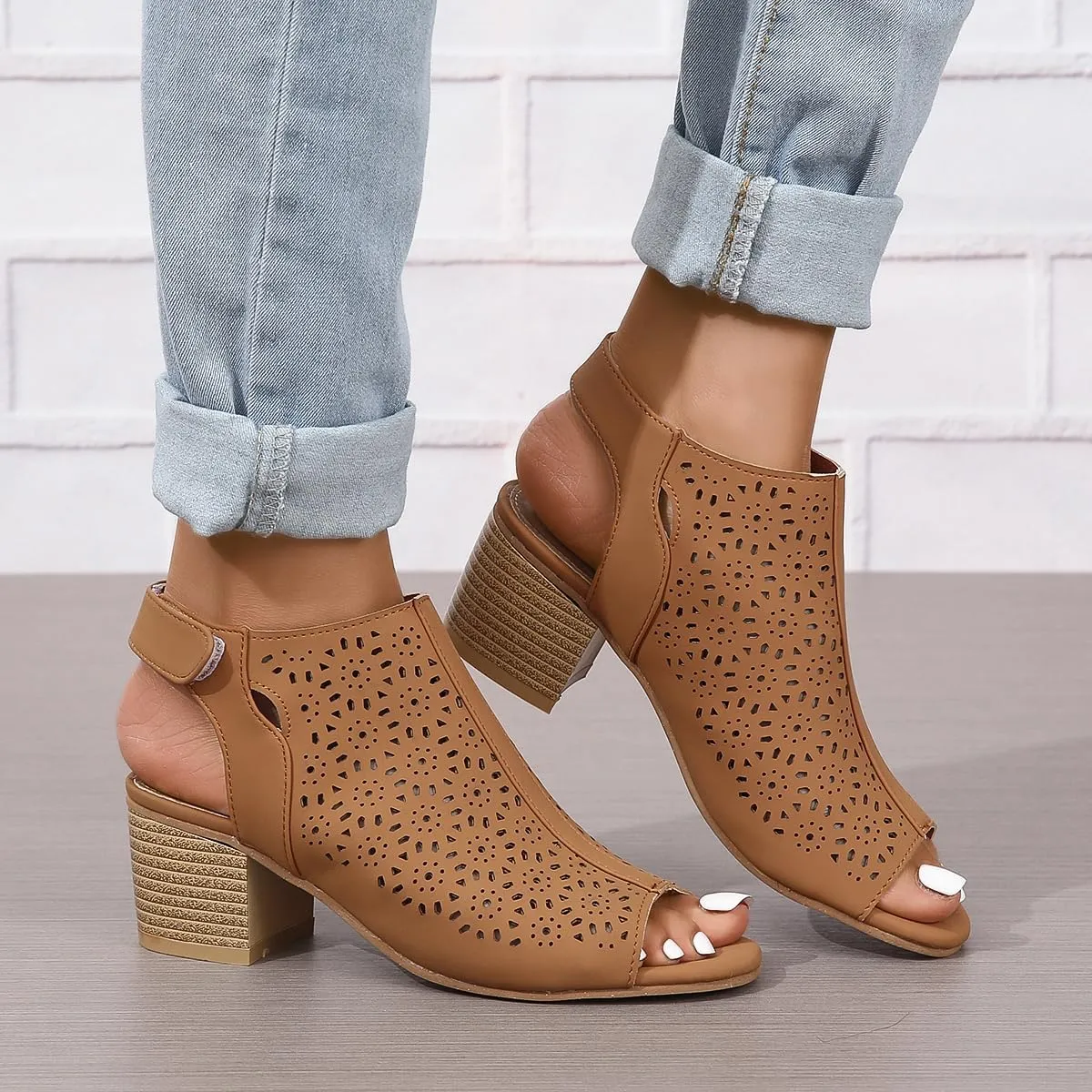 Chunky Sandals for Women Hollow High Heels Bohemian Ankle Strap Pumps Open Toe Dress Sandals Summer Bridal Party Shoes
