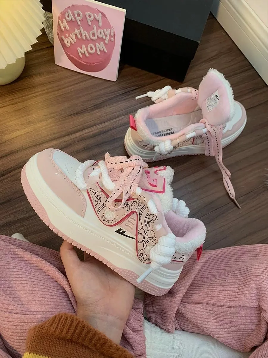 Chunky Sneakers for Women, Dopamine Color Platform Shoes, Warm & Stylish Plush Sole Sneakers, Height-Boosting & Durable for Autumn and Winter